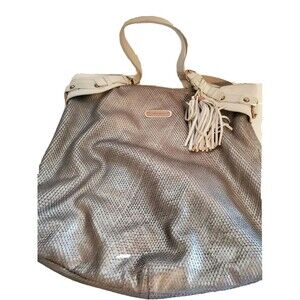 Cynthia Rowley Purse Silver Faux Snake Skin Tote w White Handles Zipper Closure